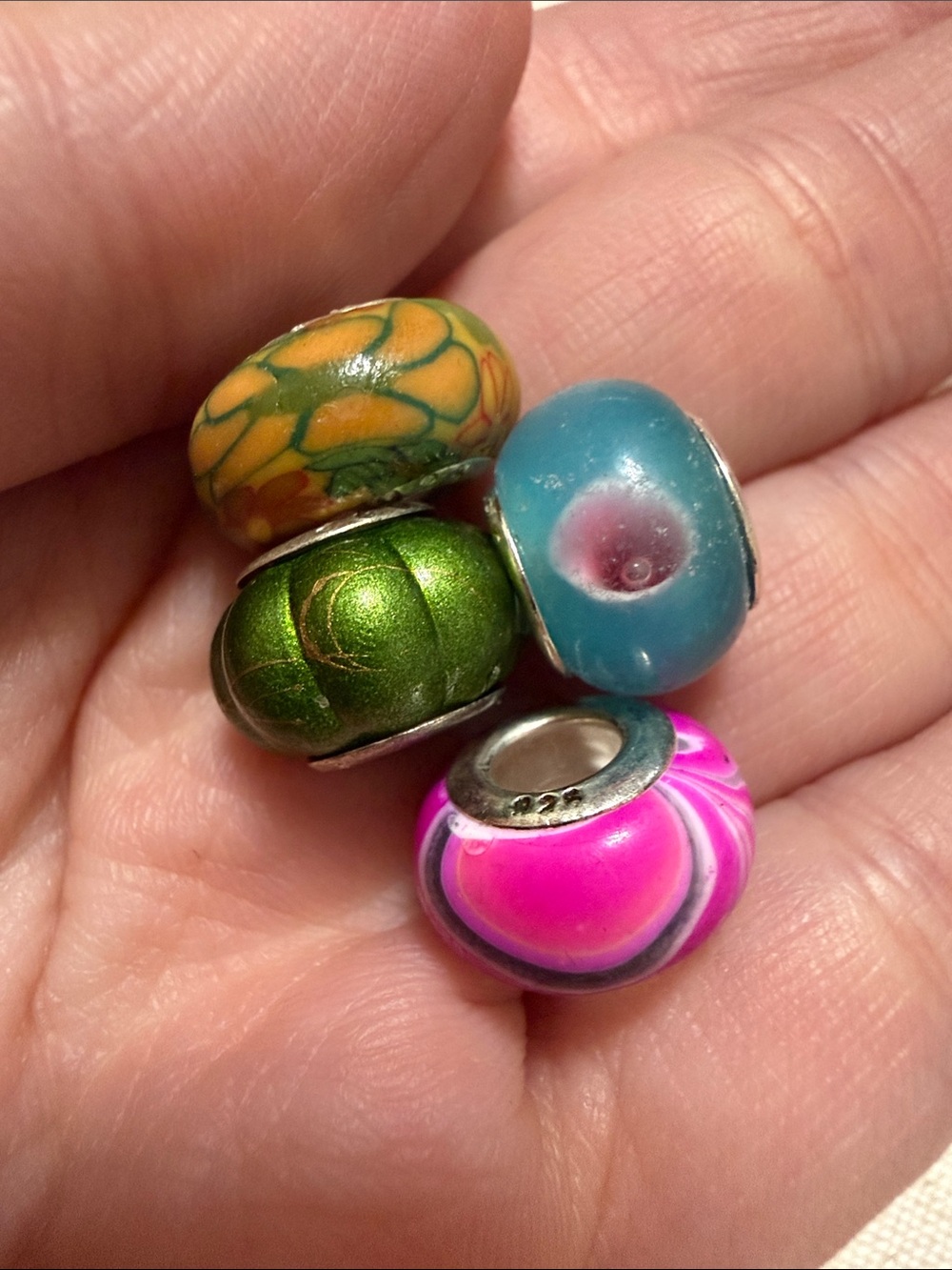 Sterling silver 925 Glass Charm Beads Set of 4 Murano-Style Multicolored charms
